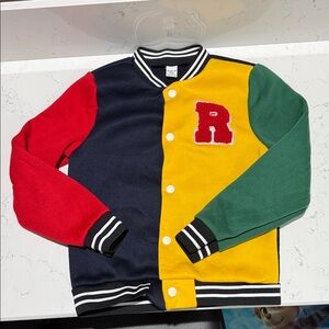SHEIN Colorblock Varsity Jacket with Red 'R' Patch - Navy, Yellow, Red, Green